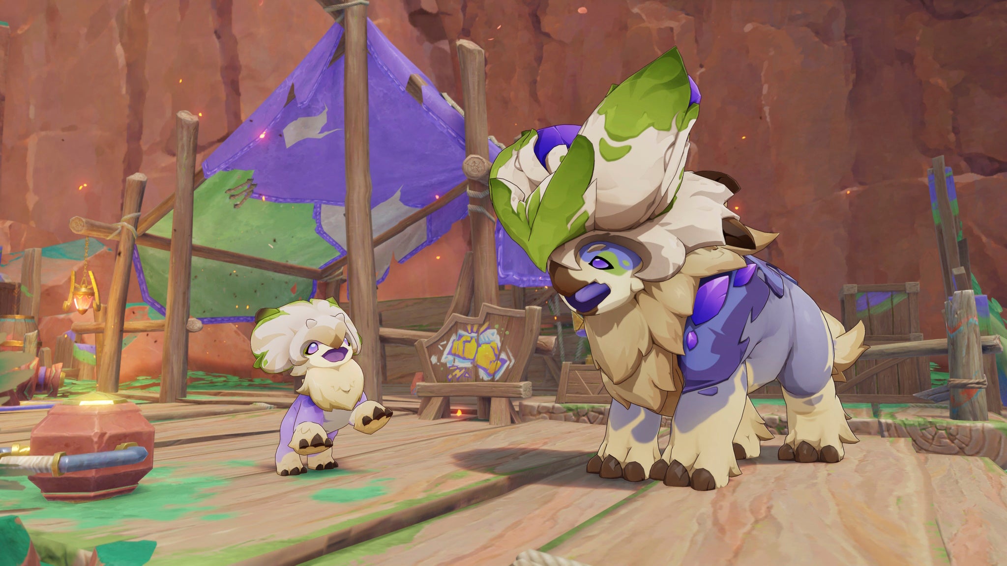 An adult and babay Tatankasaurus Saurian in Genshin Impact.