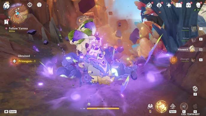 A Tatankasaurus Saurian using its sprint Skill to destroy Pulverite in Genshin Impact.