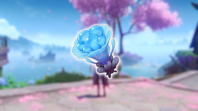 Sea Ganoderma on a blurred background of Inazuma City in Genshin Impact.