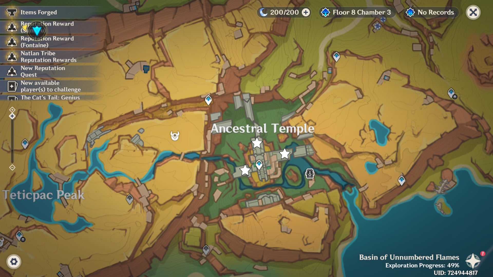 Map view of the three Trial Keystone locations at the Ancestral Temple of Natlan in Genshin Impact.