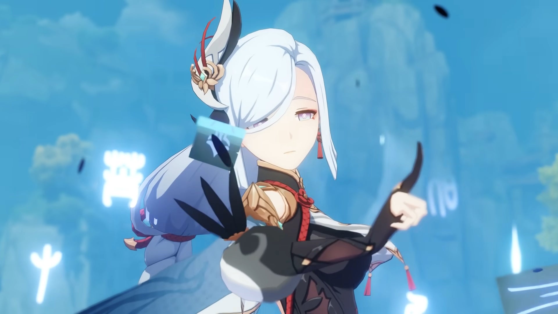 Shenhe from Genshin Impaxt pointing a finger.