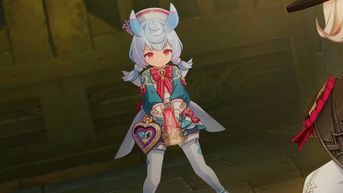 Sigewinne with her bubble gun held in both hands pointing down after attack Lyney in Genshin Impact.