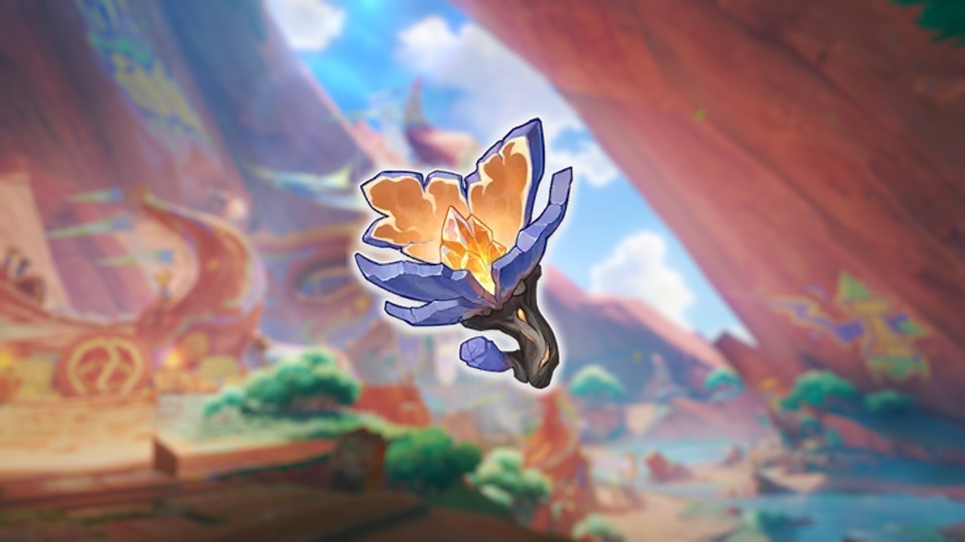 A Skysplit Gembloom on a blurred background of the Collective of Plenty tribal area in Genshin Impact.