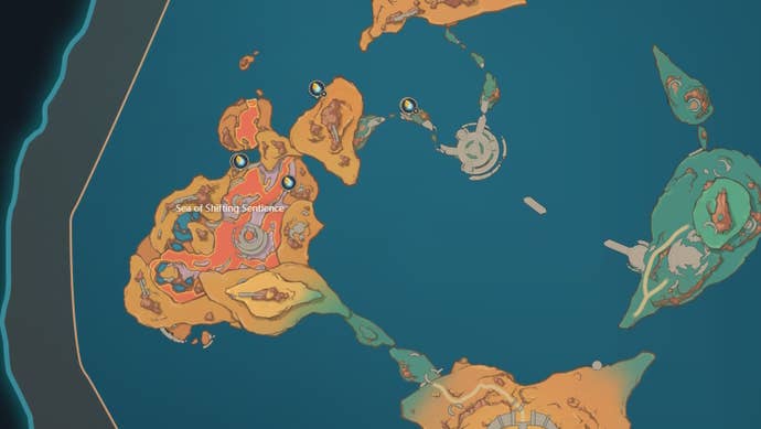 Map view of Spinel Fruit locations in the Ancient Sacred Mountain area of Natlan in Genshin Impact.