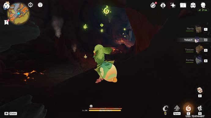 A Yumkasaurus Saurian in a dark cave looking at green grapple points in Genshin Impact.