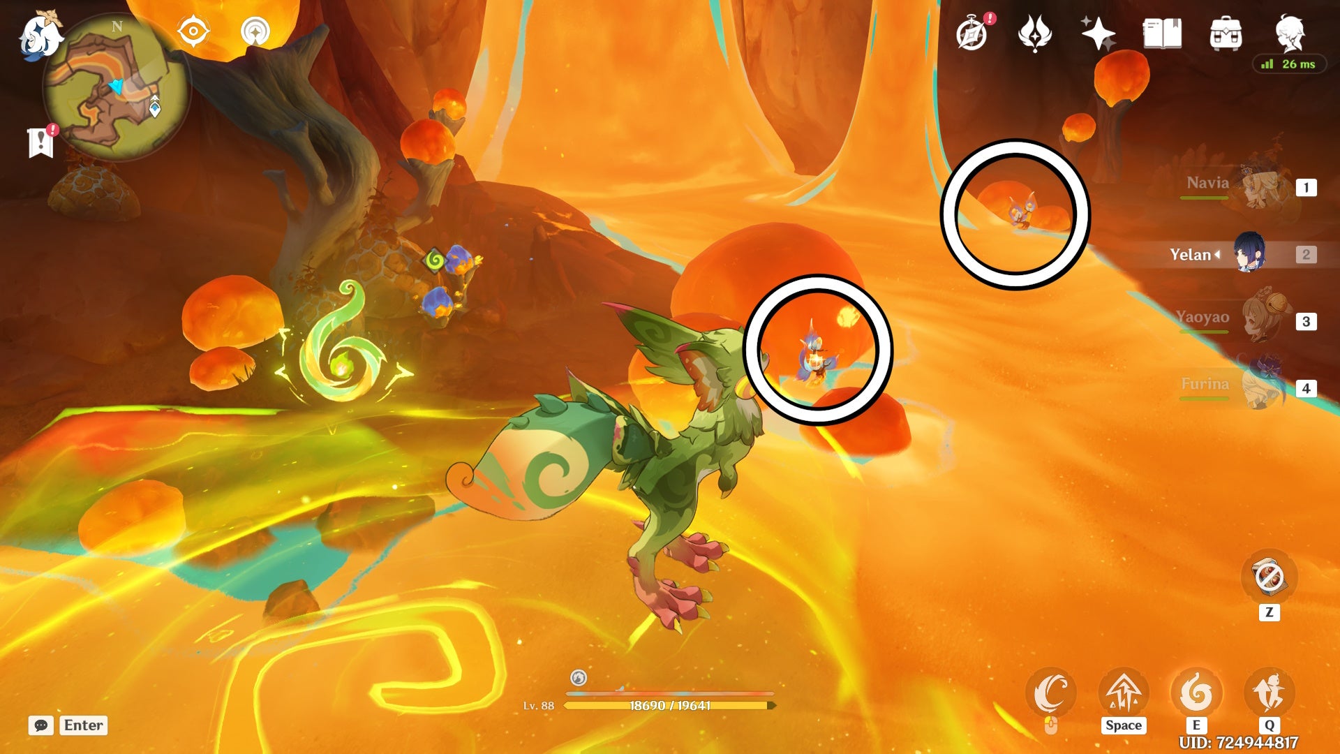 A Yumkasaurus Saurian on a floating green platform above lava-like Liquid Phlogiston, with two Spinel Fruit locations near the Phlogiston circled.