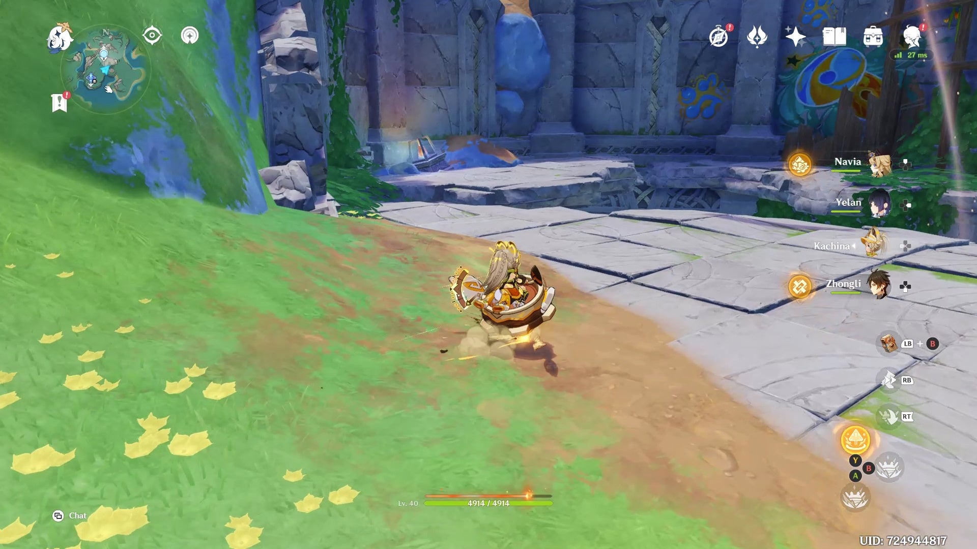 Kachina riding her Geo construct and looking at a hole in the ground in Genshin Impact.