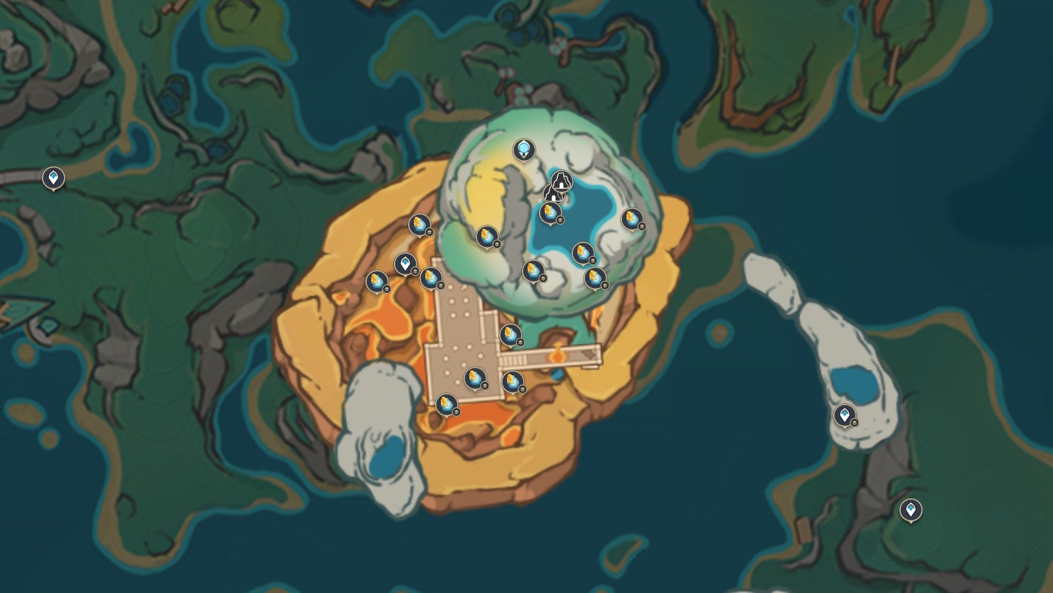Map showing Spinel Fruit locations in the Toyac Springs underground area in Genshin Impact.