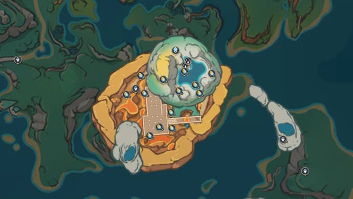 Map showing Spinel Fruit locations in the Toyac Springs underground area in Genshin Impact.
