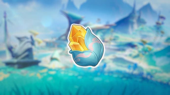 Spinel Fruit from Genshin Impact on a blurred background of the People of the Springs tribe settlement in Natlan.