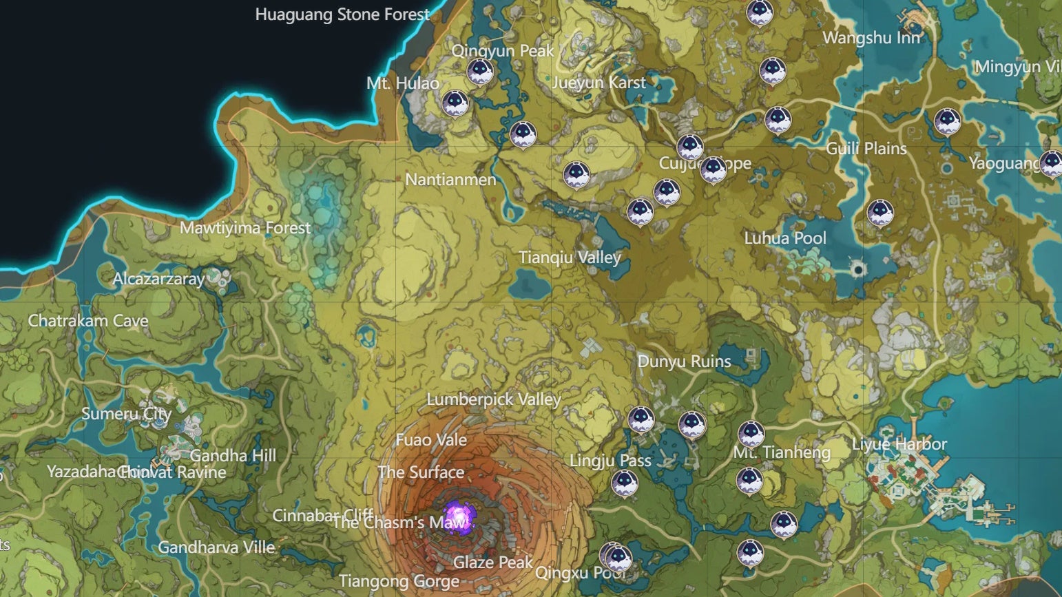 map view of staff weilding opponent locations in liyue