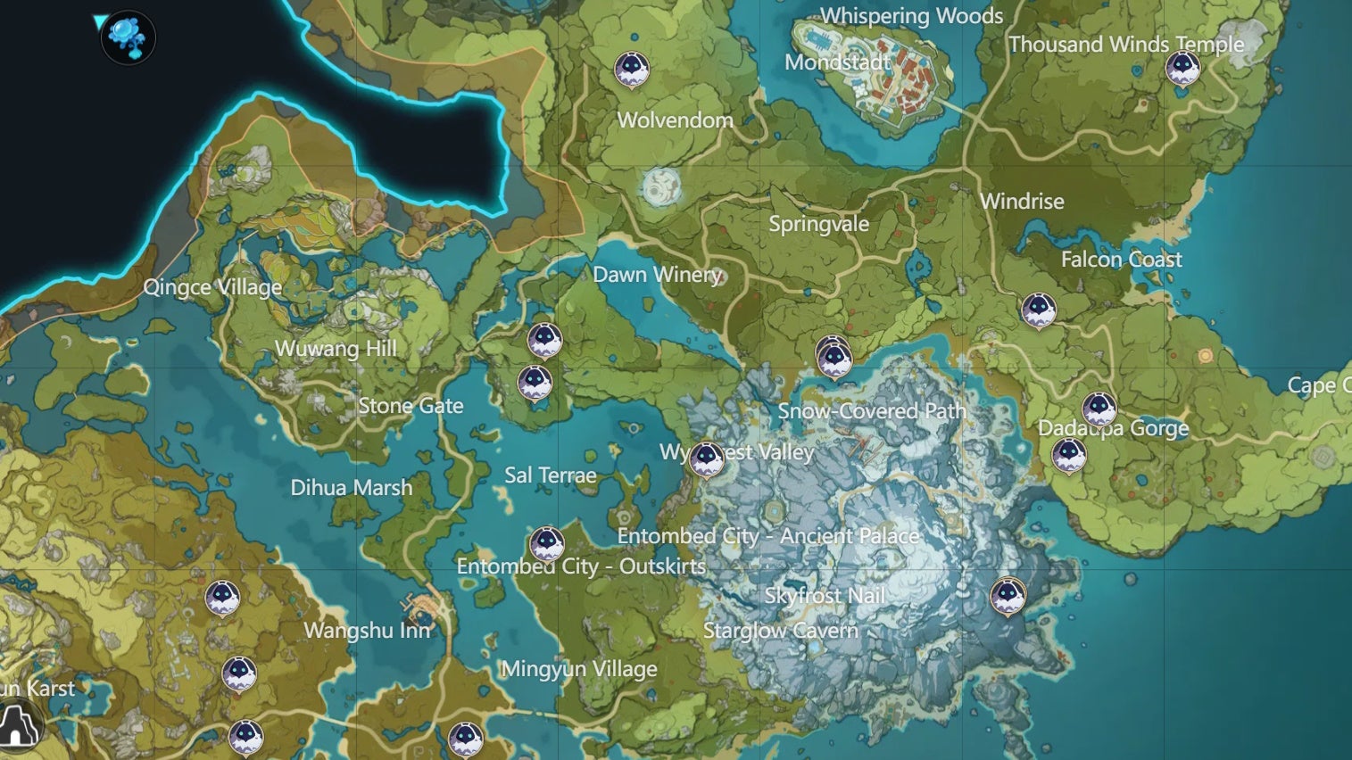 map view of staff weilding opponent locations in mondstadt