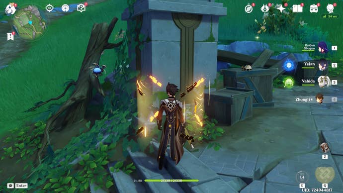 zhongli with his skill activated looking at two subdecteion unit ascension materials on a dilapidated stone path, with one unit flying and the other not