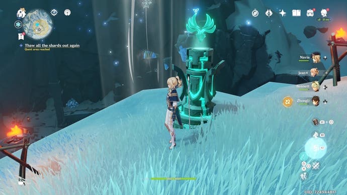 jean standing beside an activated anemo totem at the top of dragonspine mountain