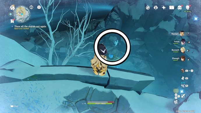 navia looking down at the final shard at dragonspine’s summit, with the shard circled