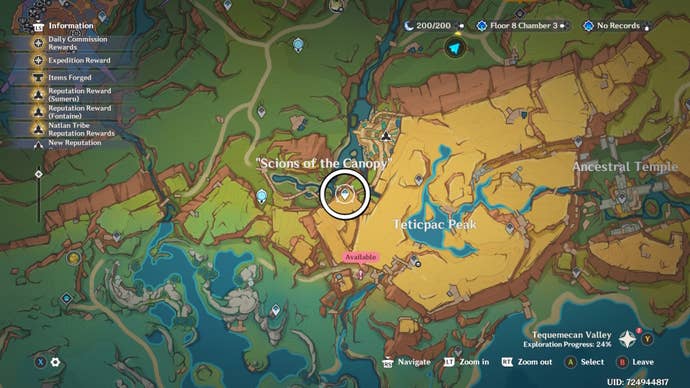 A white circle on a mao showing the location of the pass for Tisoc in Genshin Impact.