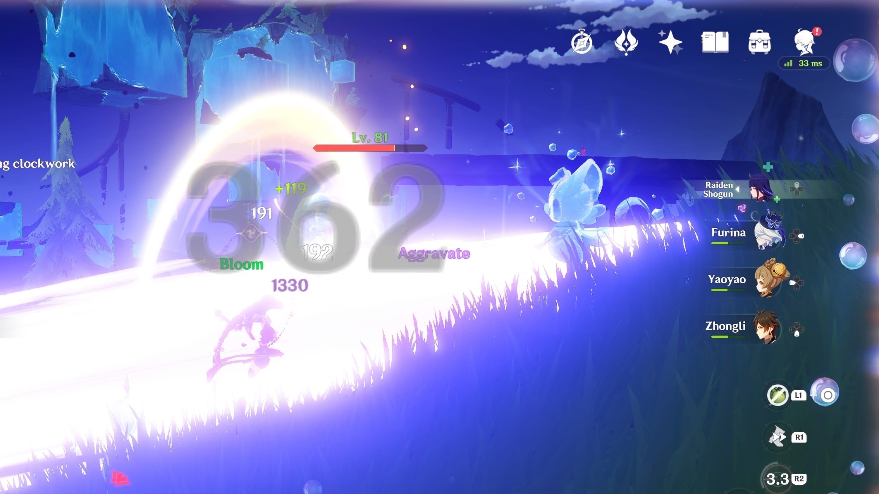 cropped view of raiden shogun obscured while using her burst skill and the bloom and aggravate reactions occuring on an obscured enemy