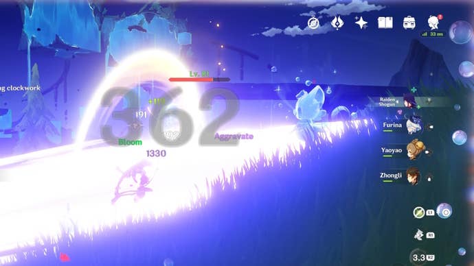 cropped view of raiden shogun obscured while using her burst skill and the bloom and aggravate reactions occuring on an obscured enemy