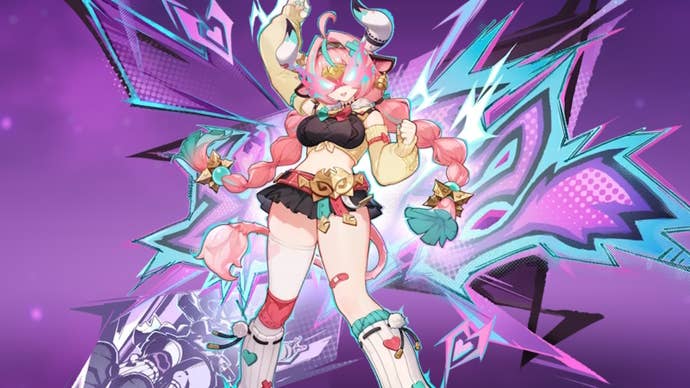 Splash art of Varesa on a purple Electro background in Genshin Impact.