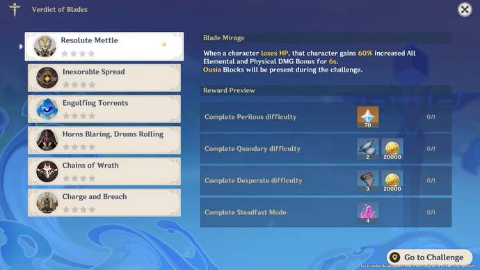 Menu with a blue background showing the details and rewards of a verdict of blades combat challenge.