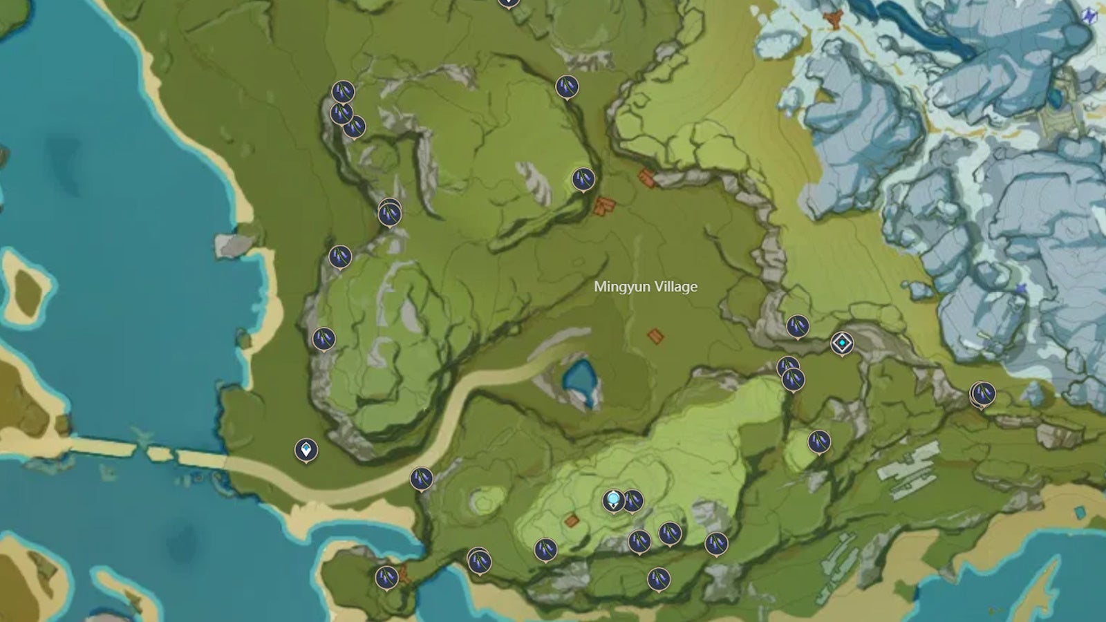 Mingyun Village map showing Violetgrass locations in Genshin Impact.