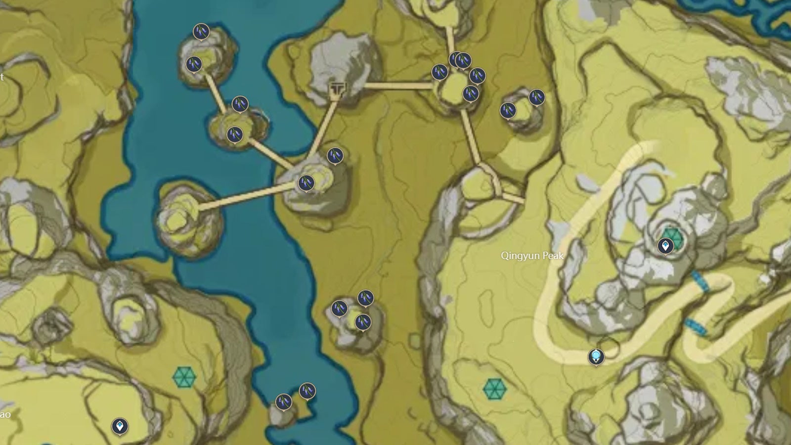 Qingyun Peak map showing Violetgrass locations in Genshin Impact.