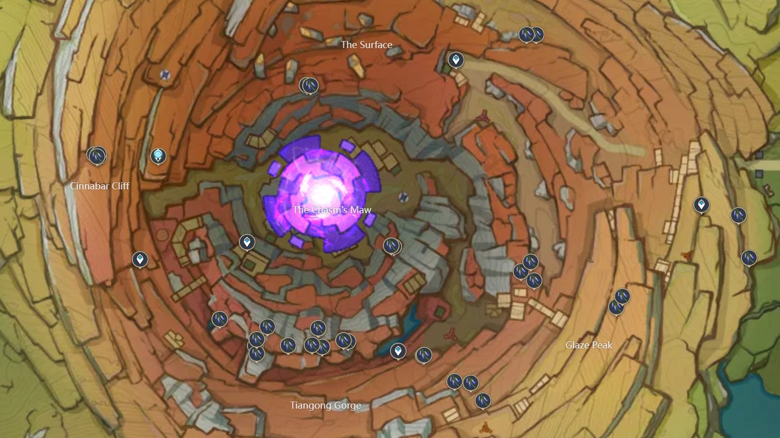 The Chasm map showing Violetgrass locations in Genshin Impact.