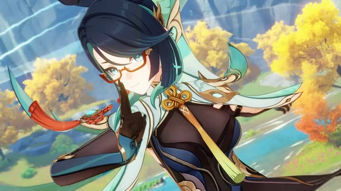 Xianyun putting a finger to her lips while jumping high.