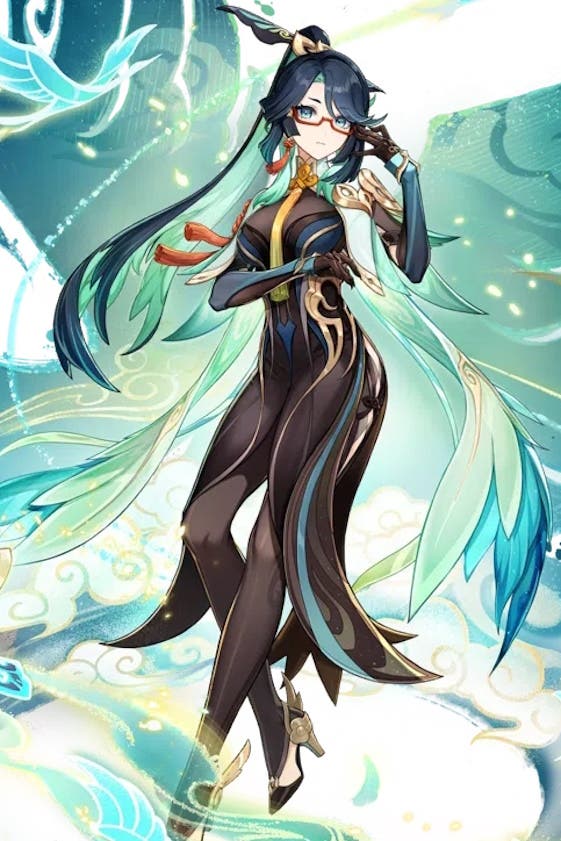 cropped splash art of xianyun who is a tall woman with long black hair and green highlights who is wearing a black dress with a green shawl made of feathers