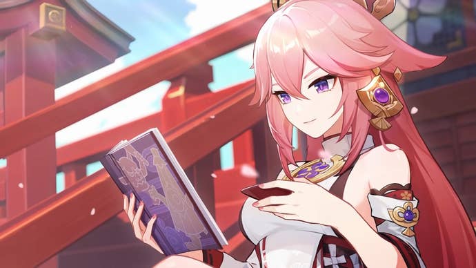 Yae Miko from Genshin Impact reading a book.