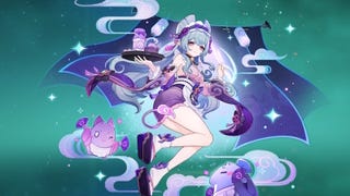 Mizuki's splash art on a green background in Genshin Impact.