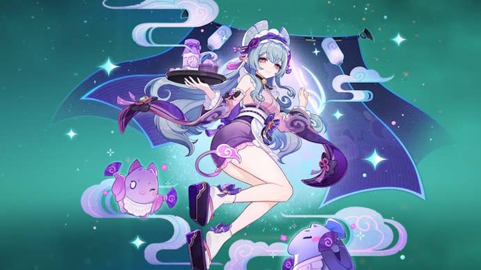 Mizuki’s splash art on a green background in Genshin Impact.