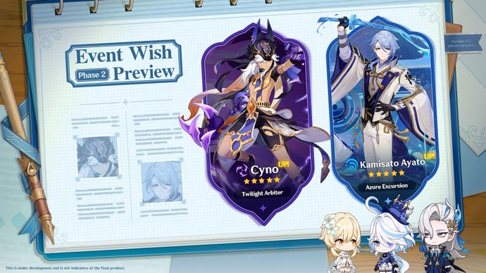 cyno and ayato event wish preview with their spalsh art and chibi version of the female traveler, furina, and neuvillette in the bottom right