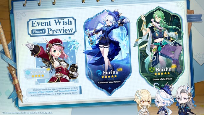 furina, baizhu, and charlotte event wish preview with their spalsh art and chibi version of the female traveler, furina, and neuvillette in the bottom right