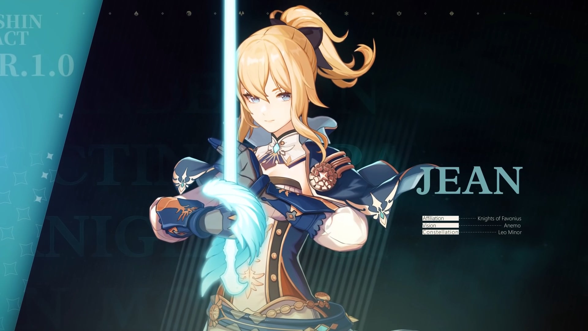 Jean with her sword raised in Burst pose as part of her character trailer in Genshin Impact.