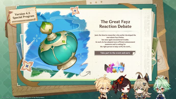 Genshin Impact 4.5 event The Great Fayz Reaction Debate details and artwork from 4.5 livestream.