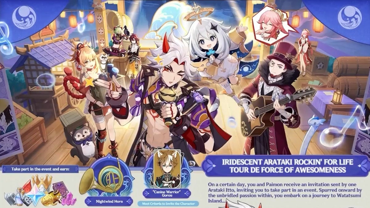 Promotional artwork for Itto&rsquo;s rhythm event in version 4.6 of Genshin Impact, showing Gorou and a trumpet as rewards.