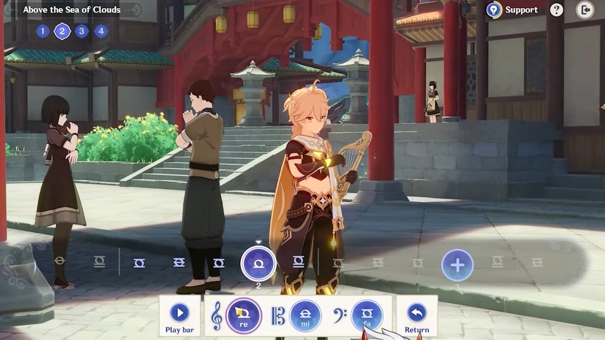 TheAether playing a harp as part of a mini-game in Itto&rsquo;s event during version 4.6 of Genshin Impact.