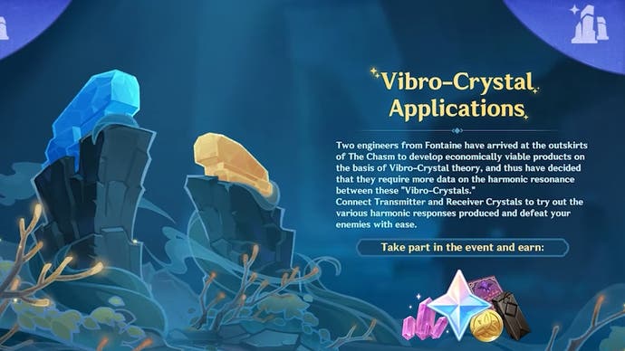 Artwork for the Vibro Crystal Applications event in Genshin Impact version 4.6 showing a blue and yellow crystal.