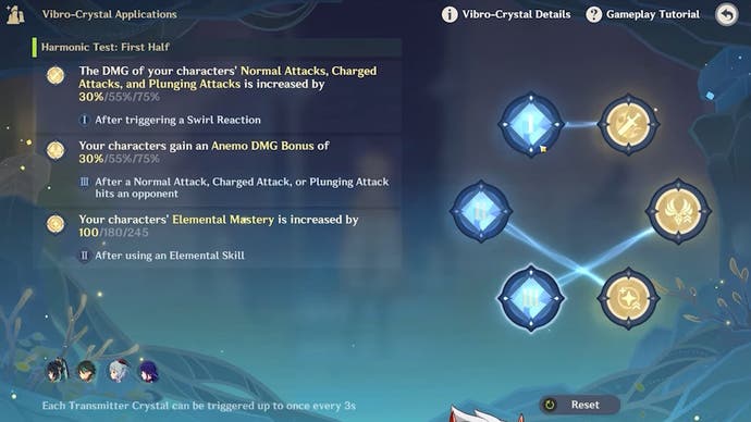 Menu view of linking blue and yellow crystals to obtain buffs as part of the Vibro Crystal Applications event in Genshin Impact version 4.6.