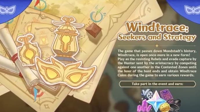 Artwork for the Windtrace event in Genshin Impact version 4.6 showing maps on parchment with mask cutouts and winding devices on them.