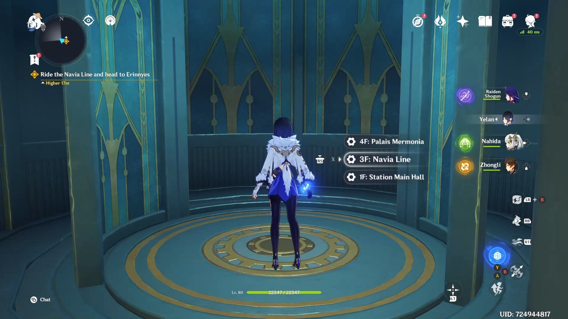 Yelan picking the third floor option in a turquoise circular elevator.