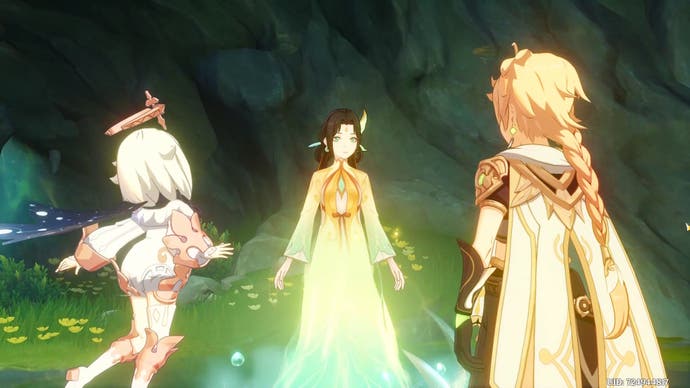 Aether and Paimon looking at Fujin in the Chenyu Vale area of Liyue in Genshin Impact.