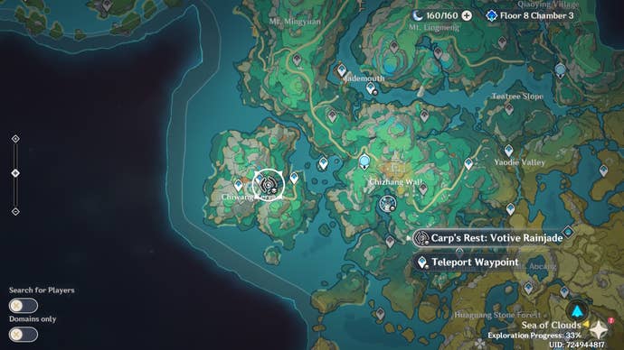 Map view of Carp’s Rest in the western side of the Chenyu Vale area of Liyue in Genshin Impact.