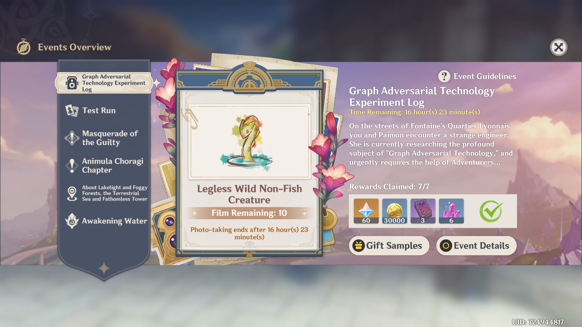 event menu of the graph adversarial event asking to find legless wild non fish creatures forthe rewards detailed to the right