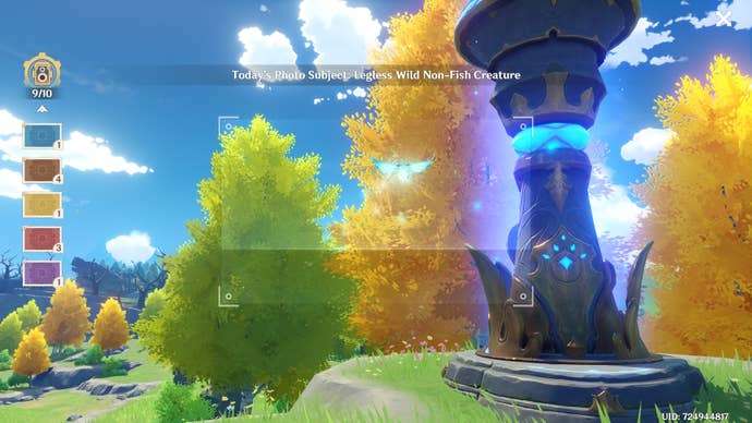 kamera view of an anemo crystalfly and a statue of seven with colour samples noted to the left