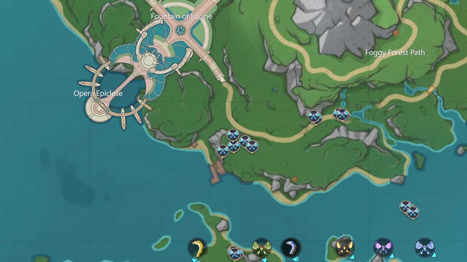 map view of legless wild non fish creature locations in fontaine