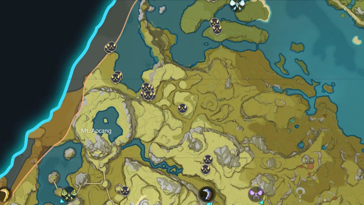 map view of legless wild non fish creature locations in liyue