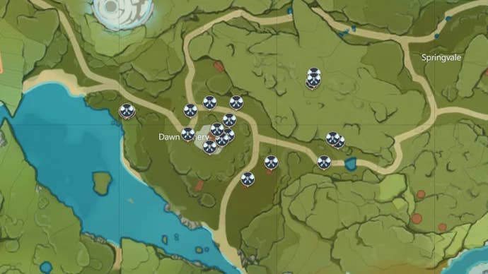 map view of legless wild non fish creature locations in mondstadt