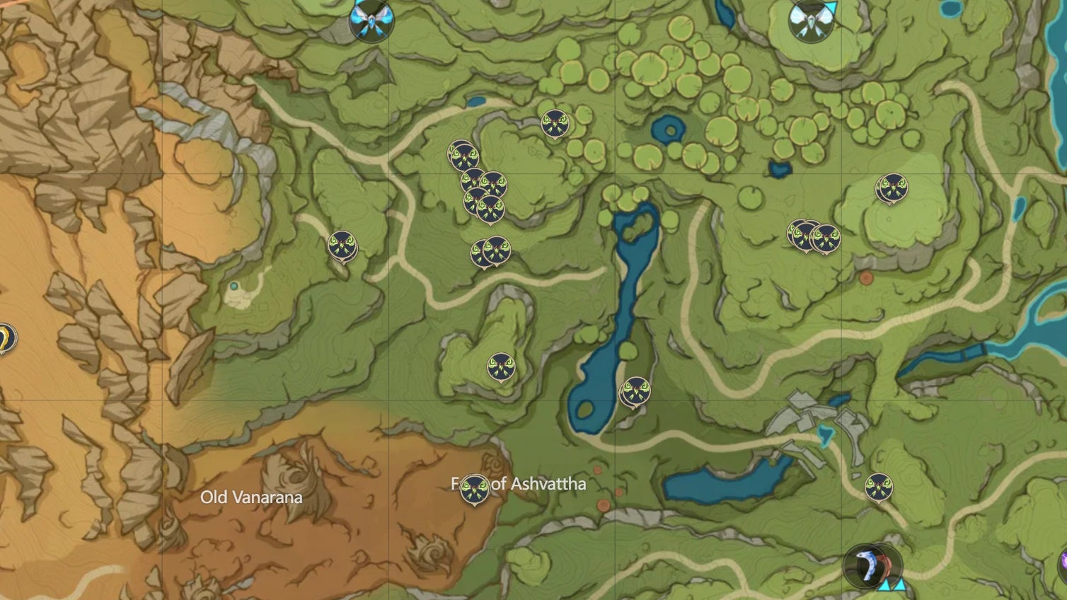 map view of legless wild non fish creature locations in sumeru